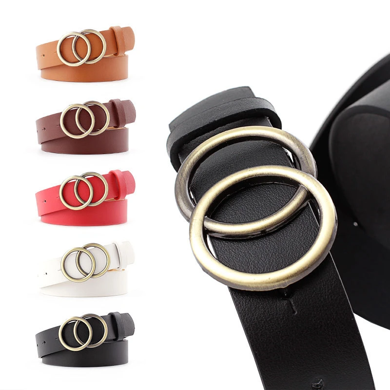 Fashion Leisure Women&prime;s PU Belt with Round Double Circle Buckle