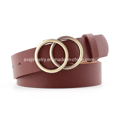 Fashion Leisure Women′s PU Belt with Round Double Circle Buckle